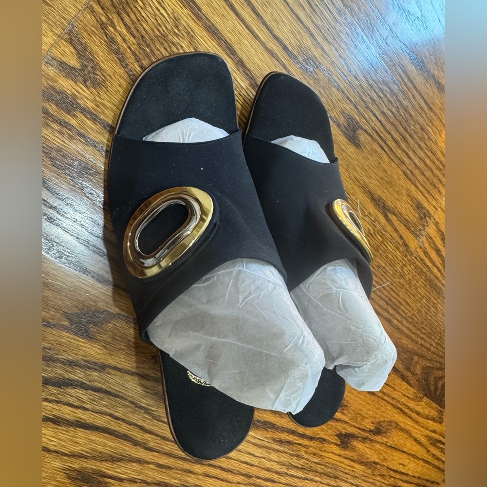 Onex Black Slide Sandals with mixed metal accents, Sz 8, made in USA, EUC